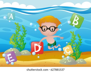 Learning alphabets with boy underwater illustration