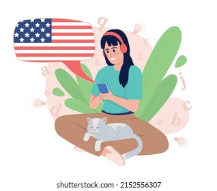 Learning american english language 2D vector isolated illustration. Student flat character on cartoon background. Audio-only course colourful scene for mobile, website, presentation. Lora font used