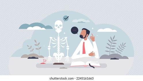 Learning anatomy and human skeleton bones knowledge tiny person concept. Academic theory education from medical literature vector illustration. Doctor physiology teaching and professor explaining.