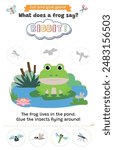 Learning animal sounds. Cut and glue educational children game. What does a frog say? ribbit ribbit. Matching shadow game worksheet for kids.