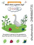 Learning animal sounds. Cut and glue educational children game. What does a goose say? honk honk. Matching shadow game worksheet for kids.	