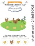 Learning animal sounds. Cut and glue educational children game. What does a rooster say? Cock-A-Doodle-Doo. Matching shadow game worksheet for kids.