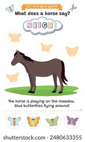 Learning animal sounds. Cut and glue educational children game. What does a horse  say? neigh neigh. Matching shadow game worksheet for kids.	