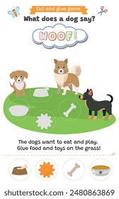 Learning animal sounds. Cut and glue educational children game. What does a dog say? woof woof. Matching shadow game worksheet for kids. 