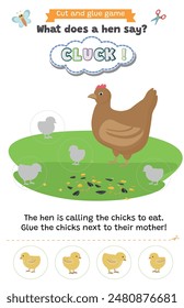 Learning animal sounds. Cut and glue educational children game. What does a hen say? cluck cluck. Matching shadow game worksheet for kids. 