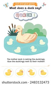 Learning animal sounds. Cut and glue educational children game. What does a duck say? quack quack. Matching shadow game worksheet for kids. 