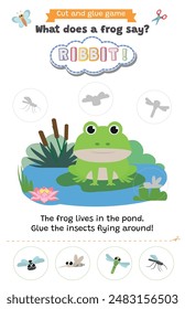 Learning animal sounds. Cut and glue educational children game. What does a frog say? ribbit ribbit. Matching shadow game worksheet for kids.