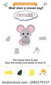 Learning animal sounds. Cut and glue educational children game. What does a mouse say? squeak squeak. Matching shadow game worksheet for kids. 