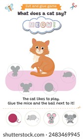 Learning animal sounds. Cut and glue educational children game. What does a cat say? meow meow. Matching shadow game worksheet for kids. 