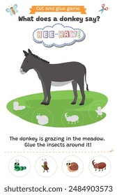 Learning animal sounds. Cut and glue educational children game. What does a donkey say? hee-haw. Matching shadow game worksheet for kids.	