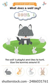 Learning animal sounds. Cut and glue educational children game. What does a wolf say? howl. Matching shadow game worksheet for kids.	