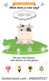 Learning animal sounds. Cut and glue educational children game. What does a cow say? moo. Matching shadow game worksheet for kids.	