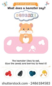 Learning animal sounds. Cut and glue educational children game. What does a hamster say? squeak squeak. Matching shadow game worksheet for kids.