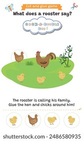 Learning animal sounds. Cut and glue educational children game. What does a rooster say? Cock-A-Doodle-Doo. Matching shadow game worksheet for kids.