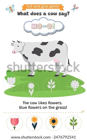 Learning animal sounds. Cut and glue educational children game. What does a cow say? moo. Matching shadow game worksheet for kids. 