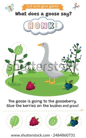 Learning animal sounds. Cut and glue educational children game. What does a goose say? honk honk. Matching shadow game worksheet for kids.	