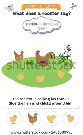 Learning animal sounds. Cut and glue educational children game. What does a rooster say? Cock-A-Doodle-Doo. Matching shadow game worksheet for kids.