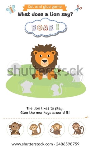 Learning animal sounds. Cut and glue educational children game. What does a lion say? roar roar. Matching shadow game worksheet for kids.