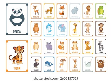 Learning animals cards set design illustration
