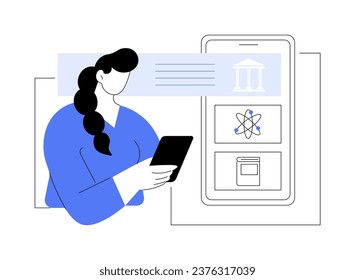 Learning app isolated cartoon vector illustrations. Girl holding phone and using learning app, online degree, virtual education, flexible schedule, getting knowledge vector cartoon.