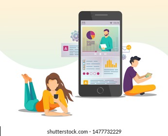 Learning Application, Online Training, Distance Education, E-learning Concept. People With Smartphone Studying In A Mobile Learning App. Vector Illustration For Poster, Banner, Presentation, Cover.