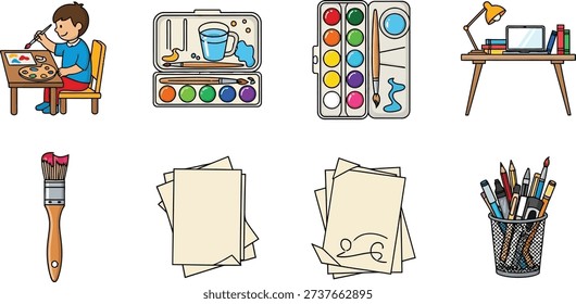 Learning art concept, primary school supplies and painter illustrations