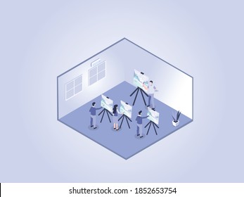 Learning art painting in classroom during corona virus pandemic isometric vector concept