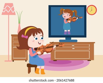 Learning art vector concept: Schoolgirl exercising violin at home while learning by watching on television