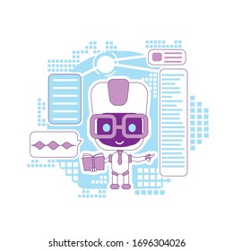 Learning assistant, informational bot thin line concept vector illustration. Online support robot giving tips 2D cartoon character for web design. E learning technology creative idea