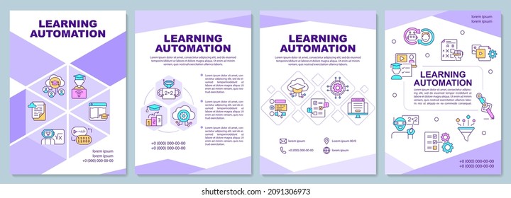 Plantilla de folleto de automatización de aprendizaje. Educación. Diseño de impresión de folletos con iconos lineales. Diseños vectoriales para presentación, informes anuales, anuncios. Arial Black, Myriad Pro fuentes regulares usadas