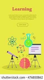 Learning banner with presentation whiteboard, telescope and brain. Learning infographic concept background. Scientific research, science lab, science test, technology illustration. Website template.