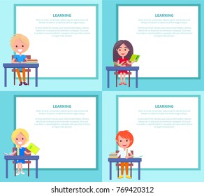 Learning banners set with children sitting at desks with textbooks at school. Vector illustration of begginers on 1st of September, back to school