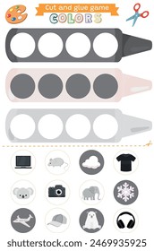 Learning basic colors with colorful pencils Cut and glue black gray white Educational children game. Matching game worksheet for kids. Match by color. Find illustrations of the same color as pencils