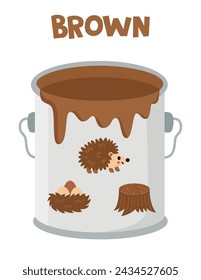 Learning basic colors for kids. Paint can with brown objects. Flashcard for children.