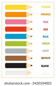 Learning basic colors for preschool kids. Colorful pencils with color names.