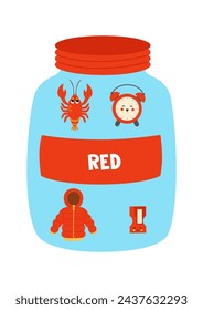 Learning basic colors for preschool kids. Colorful glass jars. Red colour.