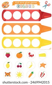 Learning basic colors red, yellow,orange with colorful pencils Cut and glue educational children game. Matching game worksheet for kids. Match by color. Find illustrations of the same color as pencils