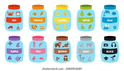 Learning basic colors with. Jars with colorful lids. Color jars. Worksheet for kids.