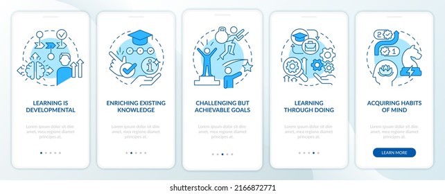 Learning basic concepts blue onboarding mobile app screen. Walkthrough 5 steps editable graphic instructions with linear concepts. UI, UX, GUI template. Myriad Pro-Bold, Regular fonts used