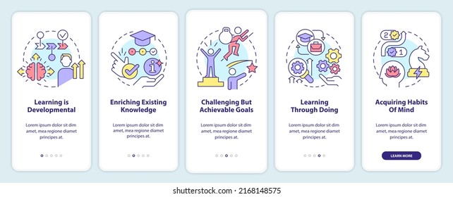Learning basic concepts onboarding mobile app screen. Walkthrough 5 steps editable graphic instructions with linear concepts. UI, UX, GUI template. Myriad Pro-Bold, Regular fonts used