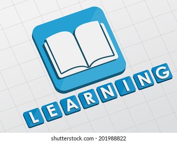 learning and book sign - white text with symbol in blue flat design blocks, education concept, vector