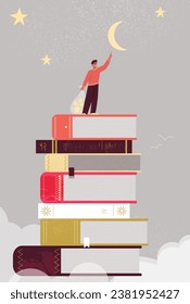 Learning at books concept. Man in stack of textooks near crescent. Education and training. Knowledge and information. Graphic element for website. Cartoon flat vector illustration