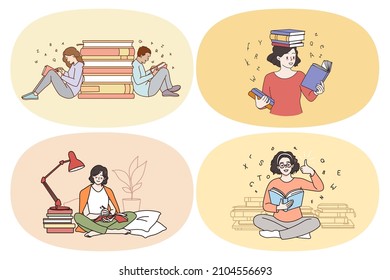 Learning from books and education concept. Set of young smiling people students pupils reading books with interest doing homework getting knowledge vector illustration 