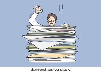 Learning boy behind huge stack of exam books. Vector concept illustration of exhausted student preparing for exams and falling of books pile.