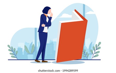 Learning business - Businesswoman reading large book, thinking and gaining knowledge. Career development and self education concept. Vector illustration with white background.