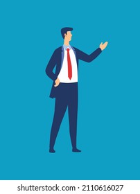 Aprender el concepto de negocio. El carácter apunta a algo con su mano. Joven hablando en público, presentando, entrenando y mentor. Dibujo vectorial plano de dibujos animados aislado en fondo azul