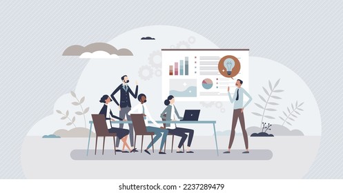 Learning business fundamentals from company expert coach tiny person concept. Market analysis in businessman school with mentor advice and consultation vector illustration. Profit and market teaching.