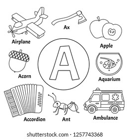 Learning card alphabet. Letter A. Set of cute cartoon illustrations. Coloring page.
