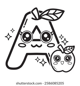 Learning card alphabet. Letter A. Cute cartoon illustrations. Coloring page