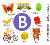 Learning card alphabet. Letter B. Set of cute cartoon illustrations. 
